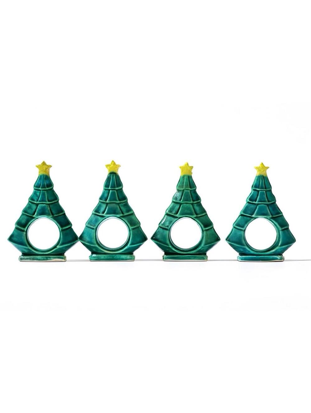 Set of 4 Ceramic Christmas Tree Napkin Rings with Yellow Star Tops
